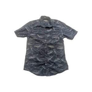 Eddie Bauer Whale Print Shirt Mens S Blue Short Sleeve Button Up Cotton Whale